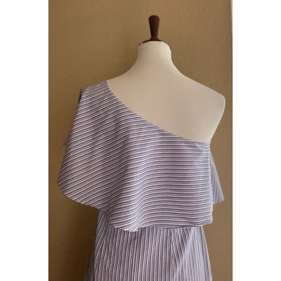 BAR III $80 Blue Striped Ruffled Slitted Dress One Shoulder Cotton Size S - Picture 6 of 10